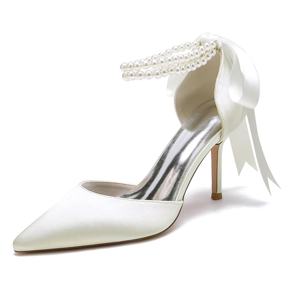 EICOFF Women's Pointed-Toe Stiletto Heels with Pearl Ankle Strap, Satin Bridal Pumps, Ivory, EU 40
