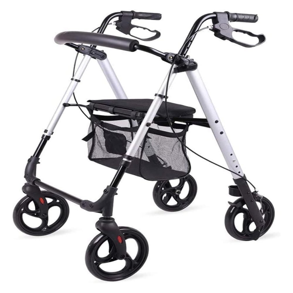 Upright Rollator Walker with Seat, Lightweight Folding 4-Wheel Aluminum Walker with Hand Brakes