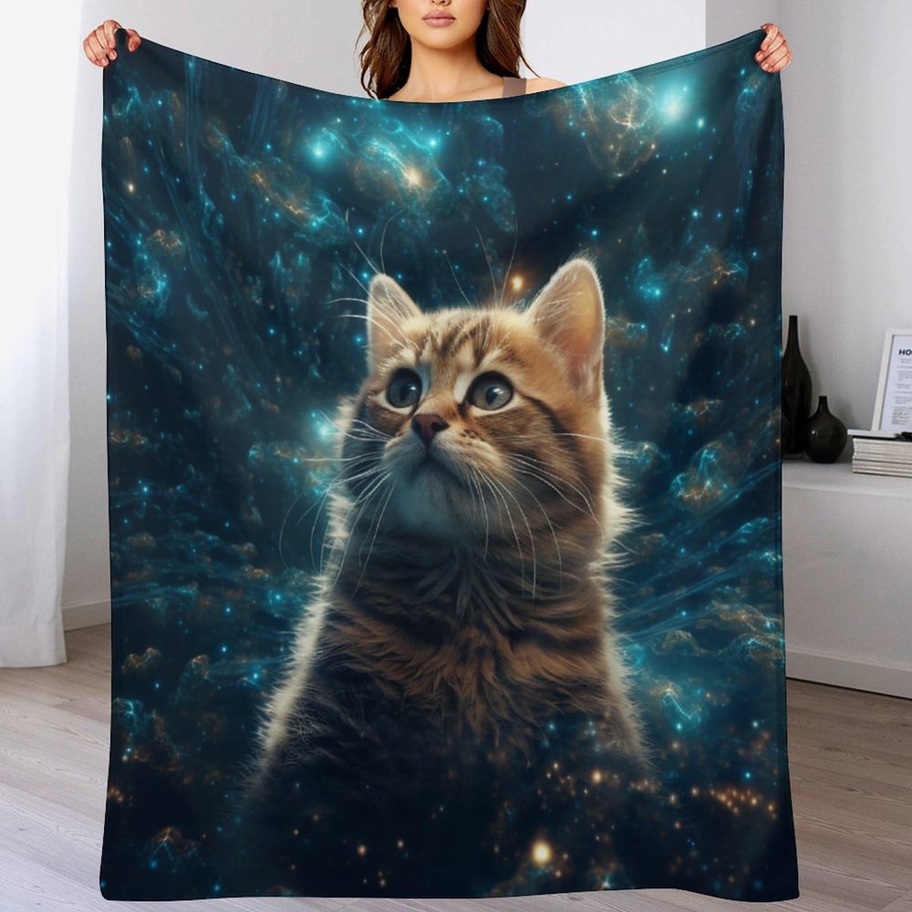 Cute Cat Flannel Throw Blanket, Soft Picnic Rug for Bedroom, Sofa and Outdoor Use, 130 × 150 cm