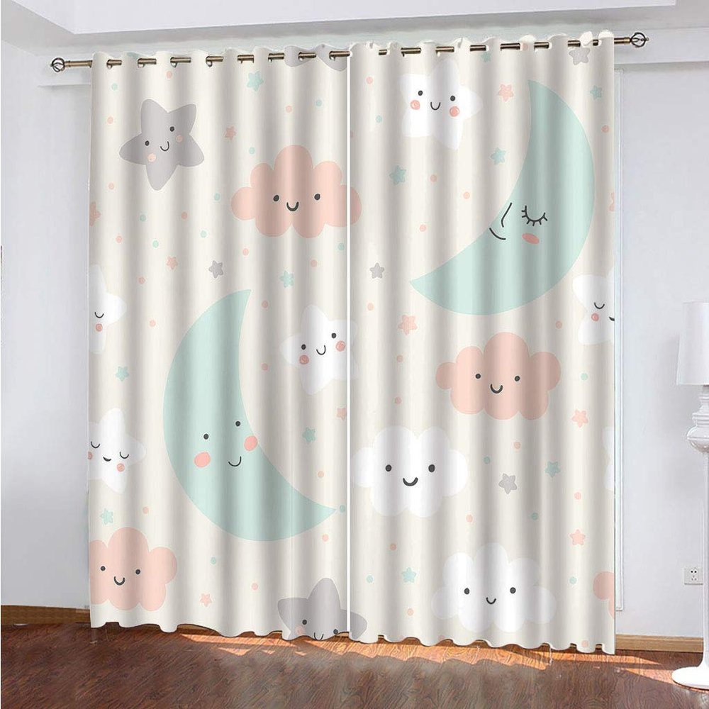 MAYNUO Blackout Curtains, 3D Cartoon Stars and Moon, 140 x 240 cm, 2-Piece Set