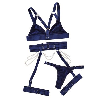 Smilice Paarzeit 4-Piece Women's Lingerie Set Bodysuit Garter Push-Up Corset, Dark Blue, S