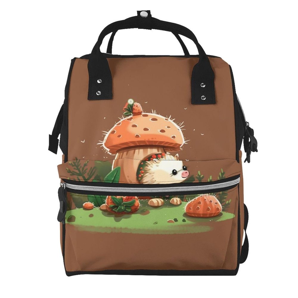 Diaper Bag Backpack for Women, Large Capacity, Hedgehog & Mushroom Print, Casual Daypack