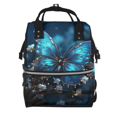 FZQVSLCM Diaper Backpack for Women, Large Capacity, Blue Butterfly and Moon