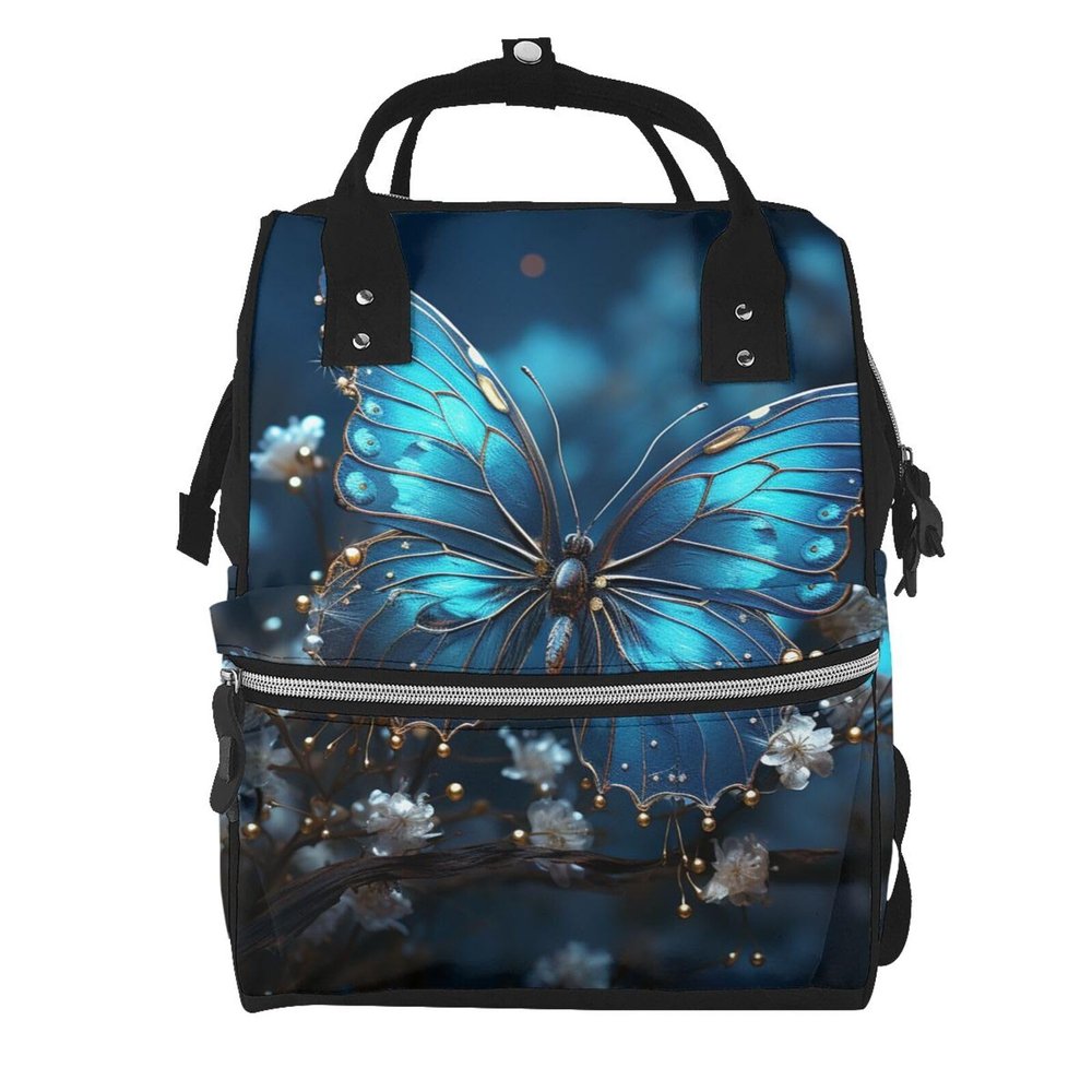 FZQVSLCM Diaper Backpack for Women, Large Capacity, Blue Butterfly and Moon