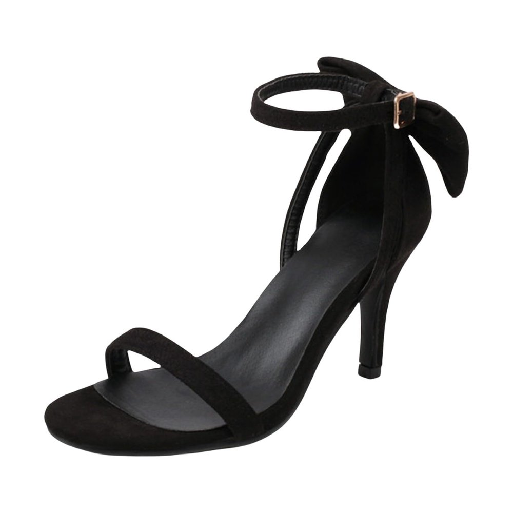 Black High Heels with Back Bow, Ankle Strap, Faux Suede, 8.5 cm Heel, Size 45 / 41.5 EU