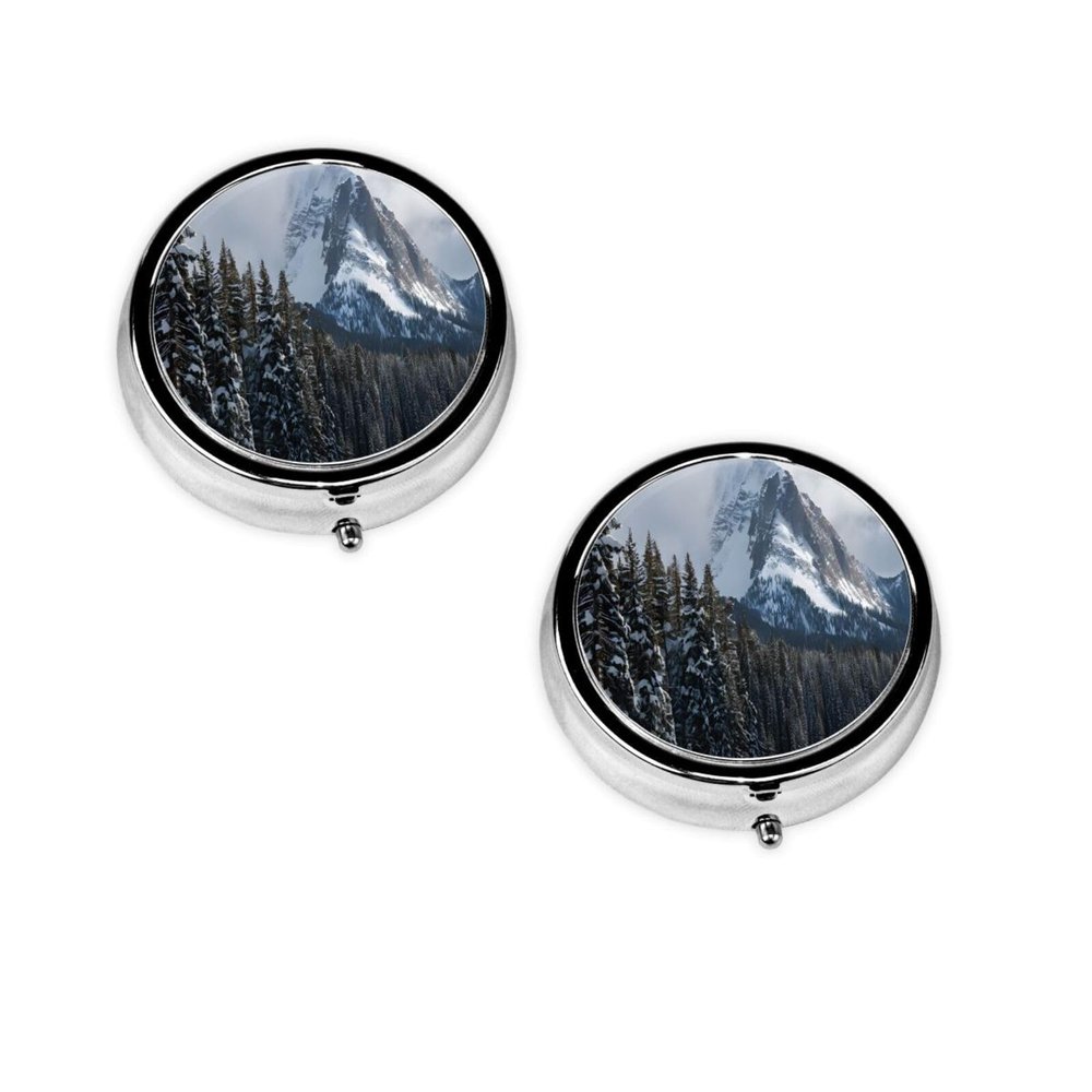 Portable Round Pill Box with Canadian Smokey Mountain Cliff Design
