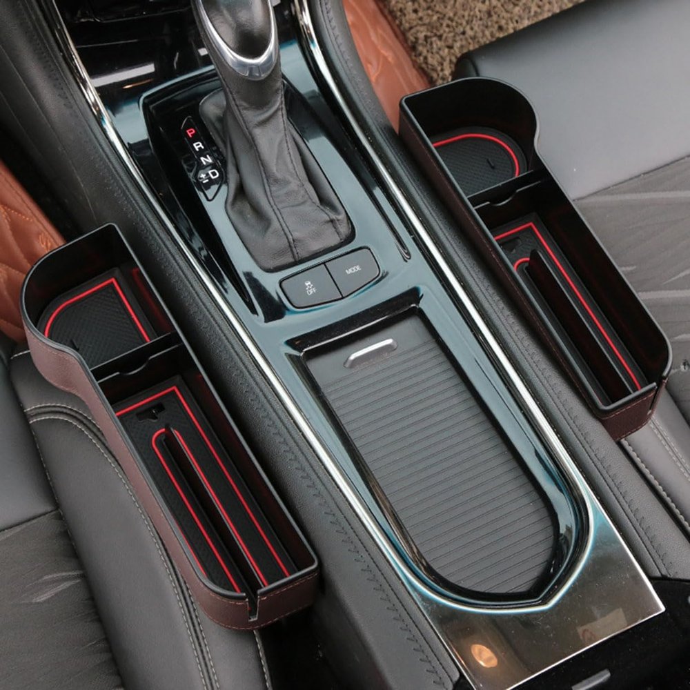 Ydxlcsyy Car Seat Gap Storage Box, Front Seat Gap Organizer, Car Organizer Accessory for Land Rover Range Rover Velar, C-[Brown High-Fiber Leather] (Main+Sub) Gap Box with Silicone Pad