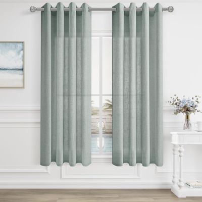 Green-Gray Linen Curtains, 160 cm, 2 Panels, Semi-Sheer Grommet, Light-Filtering for Dining Room, Bedroom, Living Room, and Nursery, Aqua Gray Farmhouse Decor