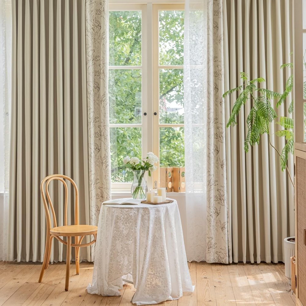 Tolldek Beige Chenille Curtains, 2-Piece Set, Patchwork, Opaque, 137 W x 214 H cm