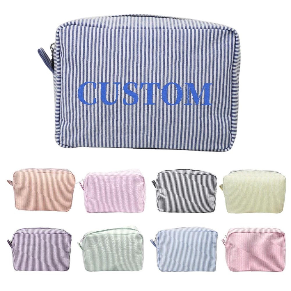 Personalized Seersucker Makeup Bag with Name Embroidery