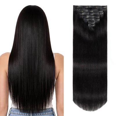 SOBEAUTY Clip-In Human Hair Extensions, 100% Remy Hair, Invisible, #1B, 40 cm