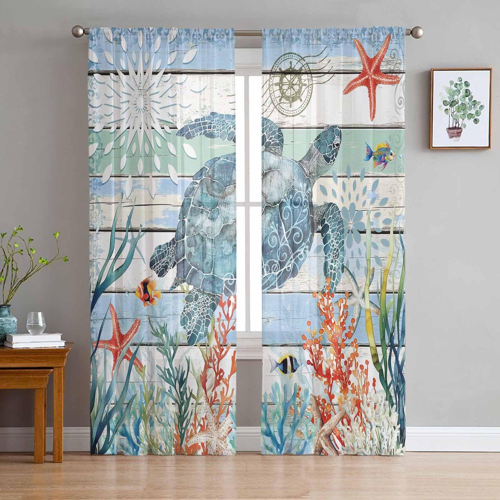 Sheer Sea Turtle Chiffon Curtains, 84 in L, 2 Panels