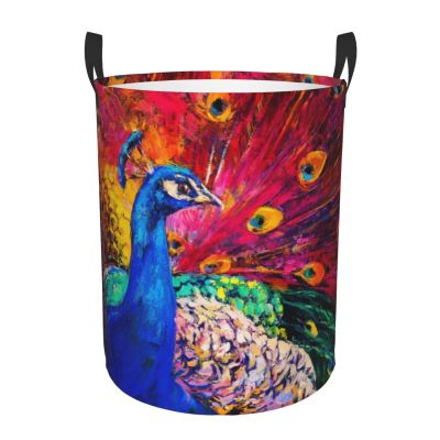 Portable Laundry Basket with Peacock Art, 34 x 42 cm