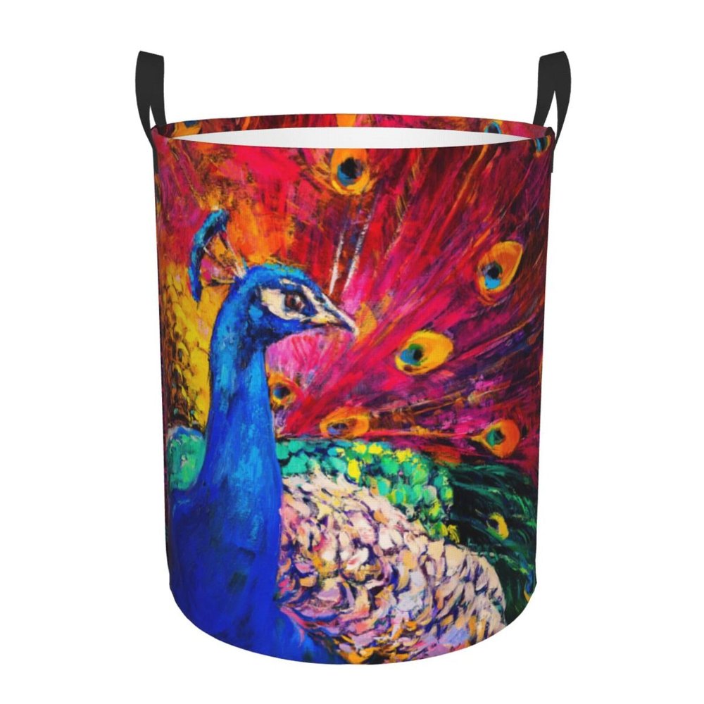 Portable Laundry Basket with Peacock Art, 34 x 42 cm