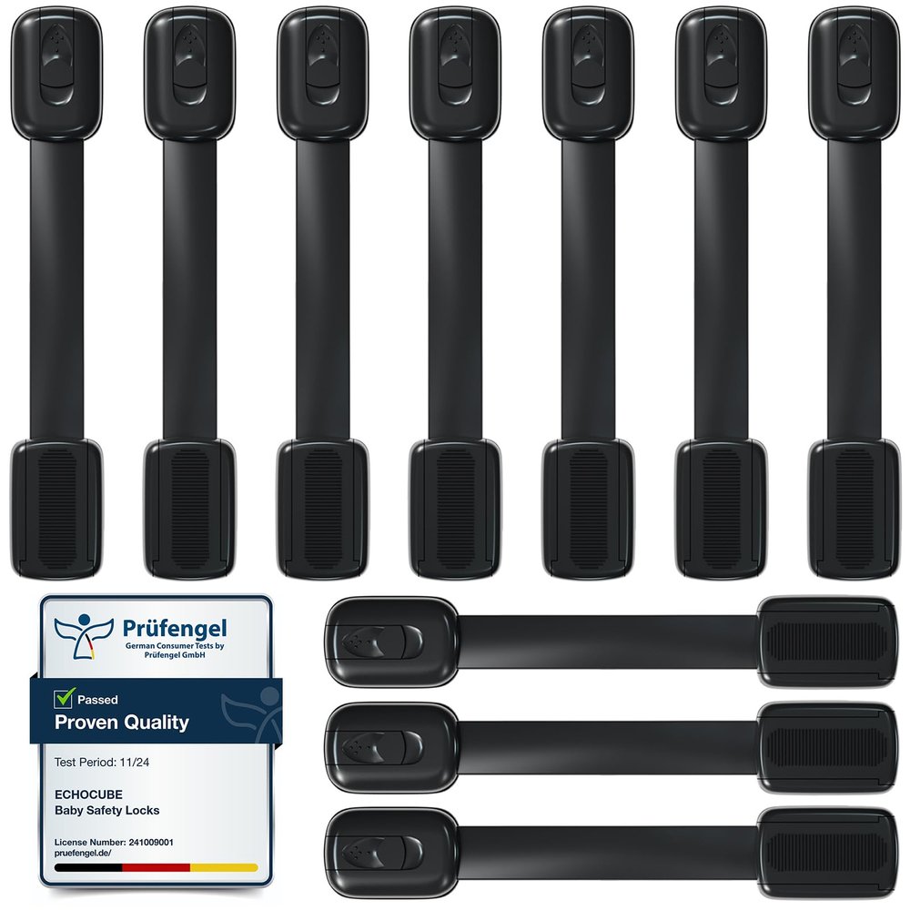 ECHOCUBE 10-Piece Child Safety Locks for Cabinets, Adjustable Baby Drawer Latches with 3M Adhesive, No Drilling, Black