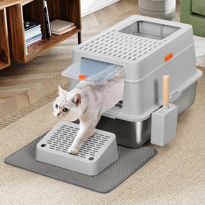 BAKAJI XXL Cat Litter Box with Steel Base, Lockable Door, Scoop, Mat, 35 L, 60 x 40 x 38.5 cm