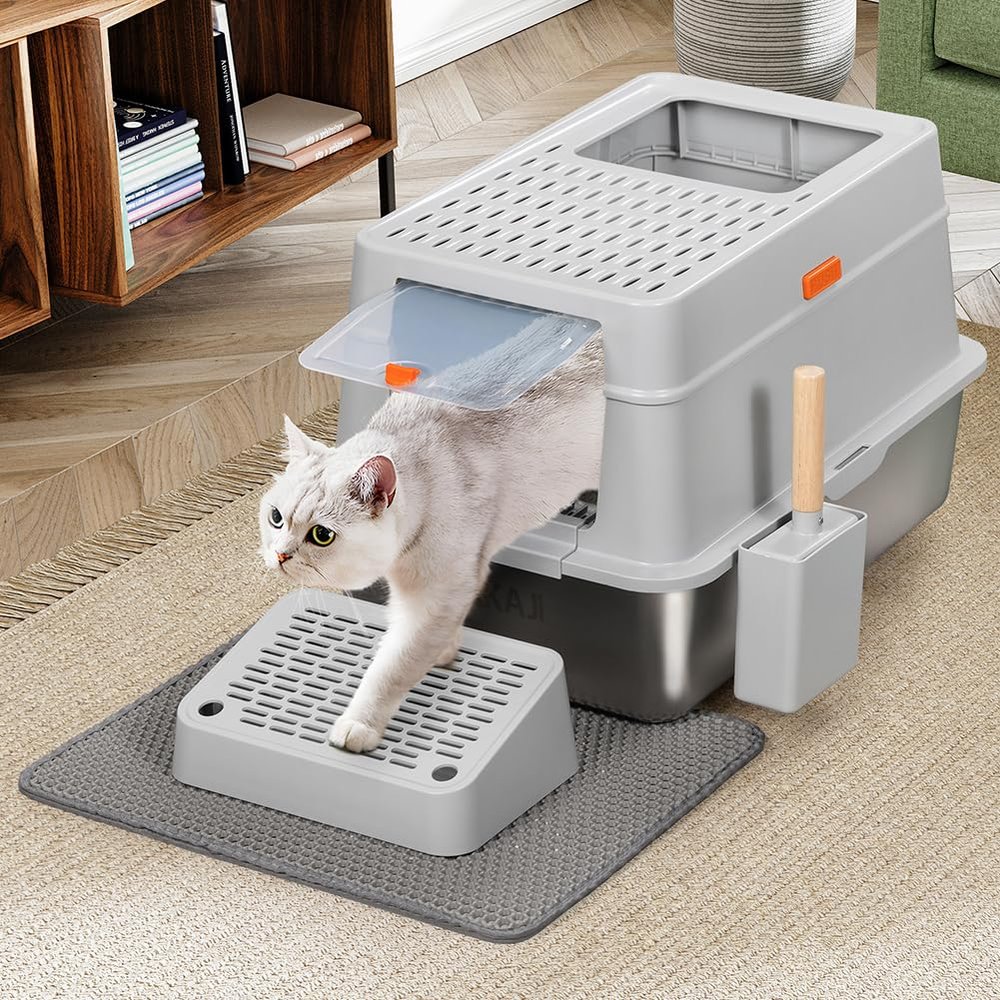 BAKAJI XXL Cat Litter Box with Steel Base, Lockable Door, Scoop, Mat, 35 L, 60 x 40 x 38.5 cm