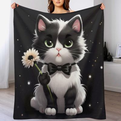LLXXHH Cute Cat Flannel Throw Blanket, Soft Rug for Bedroom, Sofa, Outdoor Use, All Seasons, 100 x 130 cm