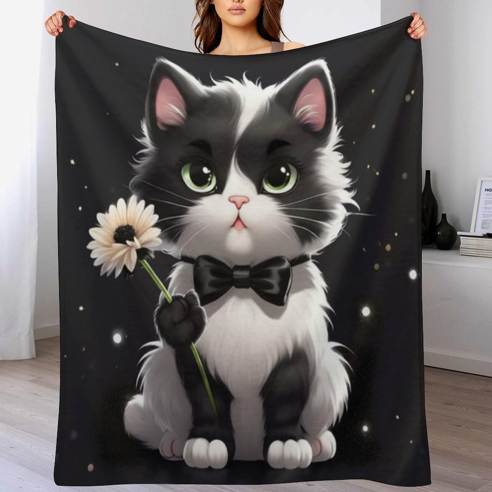 LLXXHH Cute Cat Flannel Throw Blanket, Soft Rug for Bedroom, Sofa, Outdoor Use, All Seasons, 100 x 130 cm