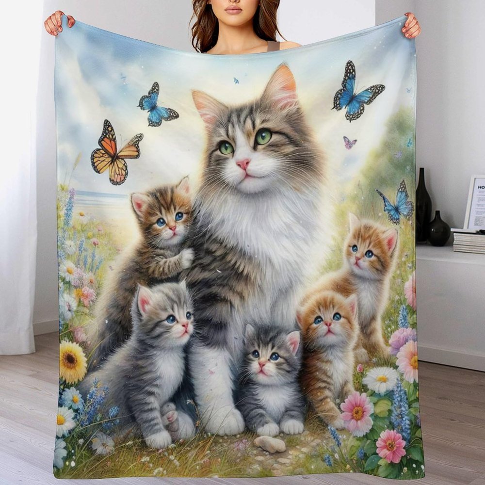 LLXXHH Cat Flannel Throw Blanket, Sofa Blanket, Beach Towel, Picnic Blanket, Soft Wrap for Bedroom, All Seasons, 130 x 180 cm
