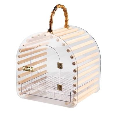 Portable Acrylic and Wood Bird Cage with Perch and Slide-Out Tray