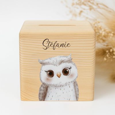 Personalized Wooden Piggy Bank with Forest Animals & Name, Children's Money Box with Lock, Baptism, Birth or Birthday Gift, 10 x 10 x 10 cm (Owl)