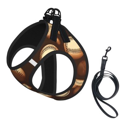 Dog Harness and Leash, Retro Baseball Pattern, Soft Mesh, Padded, No-Pull, Brown