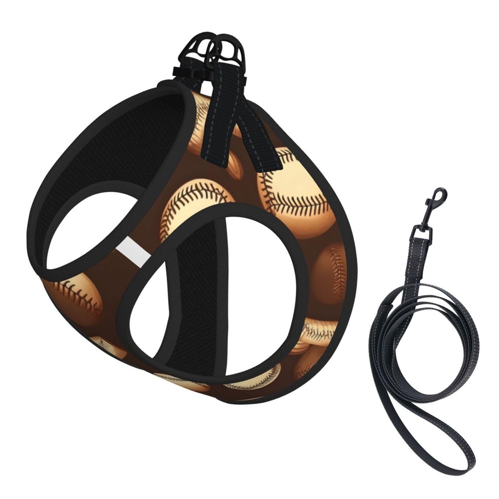 Dog Harness and Leash, Retro Baseball Pattern, Soft Mesh, Padded, No-Pull, Brown