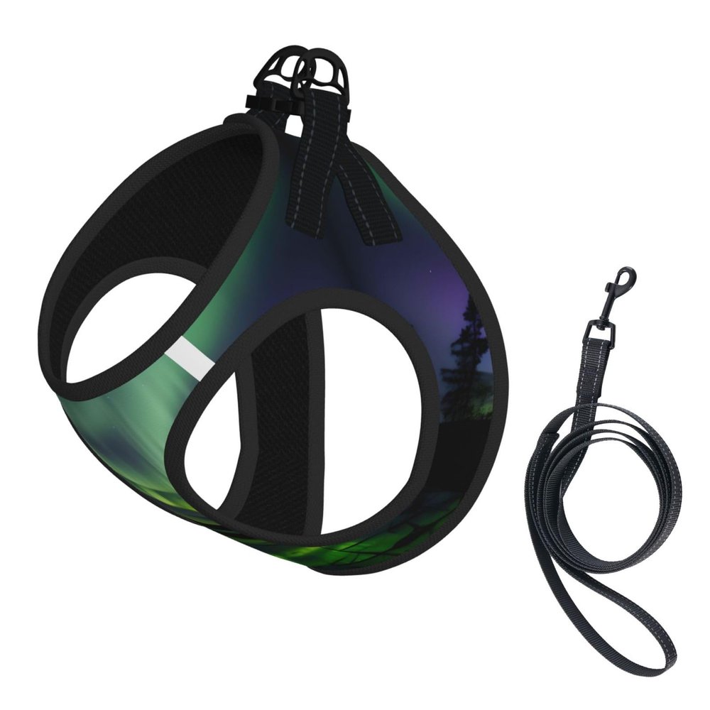 Dog Harness and Leash, Soft Mesh, Dark Northern Lights Print, Padded, No-Pull