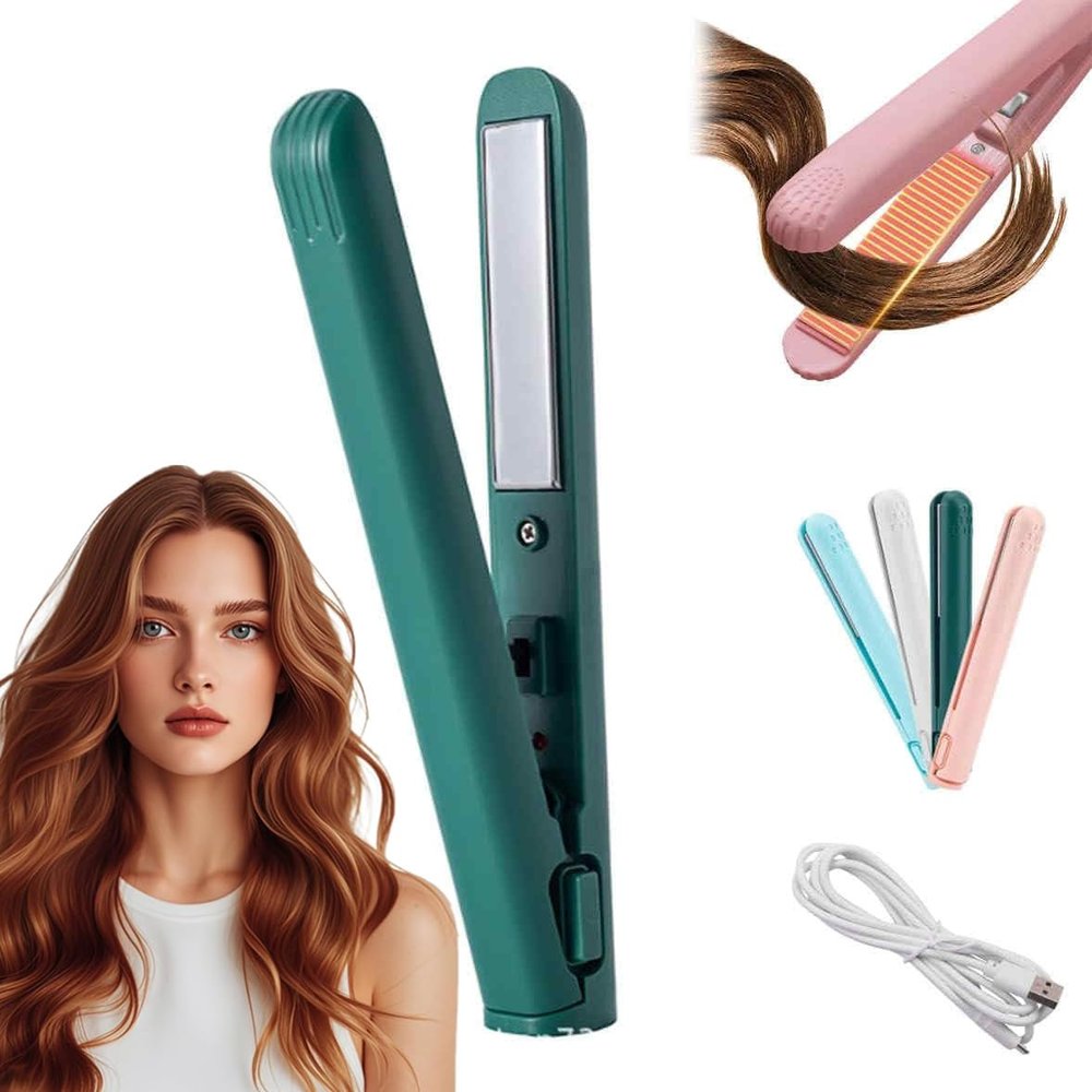 Mini 2-in-1 Hair Straightener and Curler, Portable Travel Styling Tool, Green