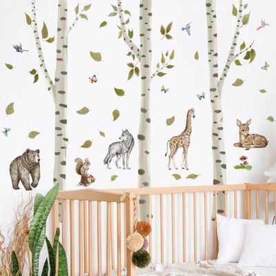 Runtoo Large Birch Tree Wall Decal, Peel-and-Stick Forest Animals, Jungle Decor