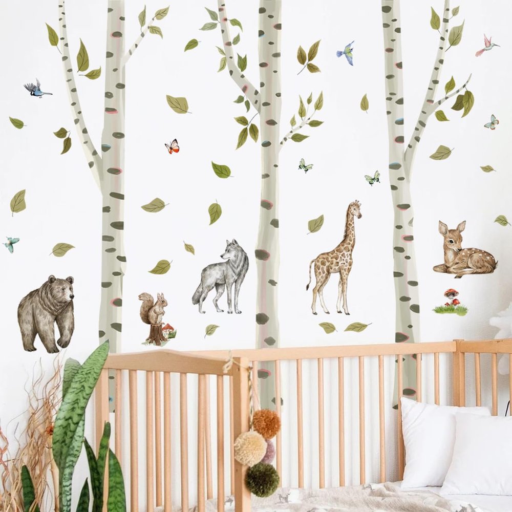 Runtoo Large Birch Tree Wall Decal, Peel-and-Stick Forest Animals, Jungle Decor