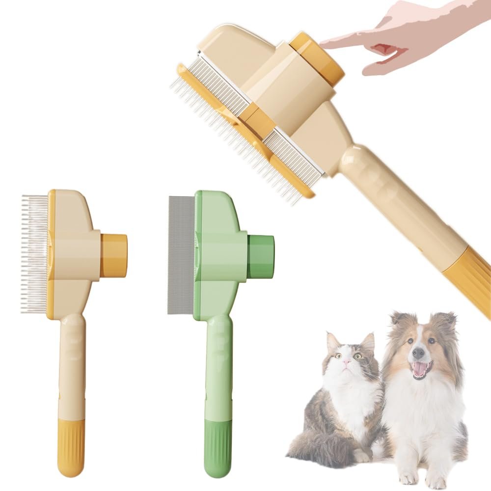 Flea Comb for Cats, 2Pcs Self-Cleaning Flea Comb and Grooming Brush for Pets (A-Green+B-Yellow)