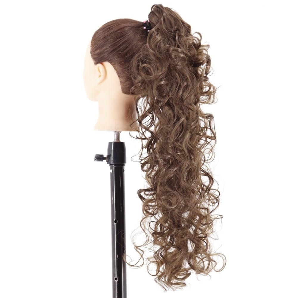 22" Curly Human Hair Ponytail Extension with Claw Clip, High Ponytail, Large Waves (Light Brown)