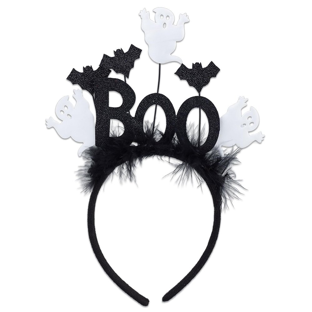 NICENEEDED Halloween Ghost BOO Headband with Feathered Bats