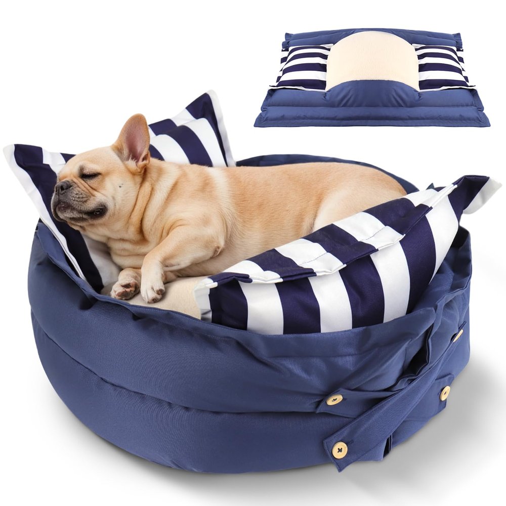 LELEFIDO Dog Bed, 2-in-1 Washable Pet Bed with Removable Cover, Non-Slip, Blue Stripes, 60 x 60 x 24 cm