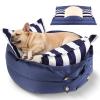 LELEFIDO Dog Bed, 2-in-1 Washable Pet Bed with Removable Cover, Non-Slip, Blue Stripes, 60 x 60 x 24 cm view 1