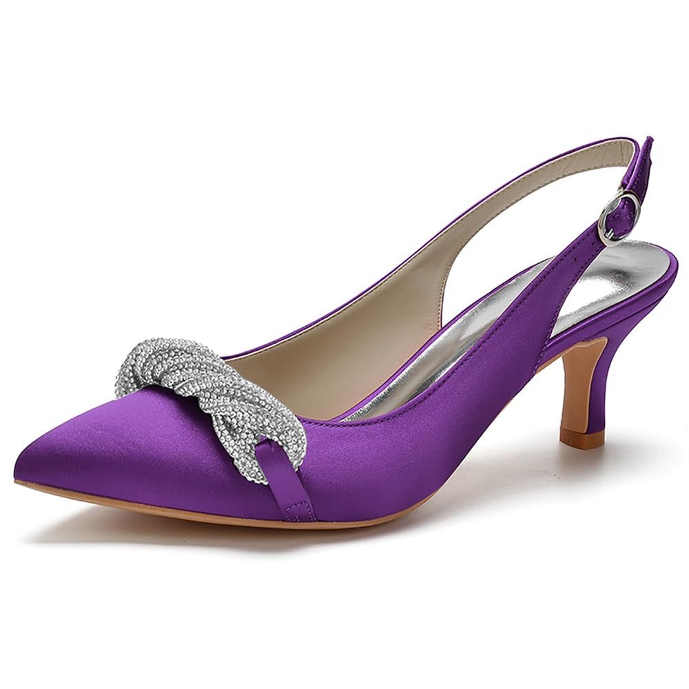 Women's Satin High Heels with Open Toe, Rhinestone Decoration, Ankle Strap Buckle, Chunky Heel, Pointed Toe, Wedding Shoes, Deep Purple, EU 39