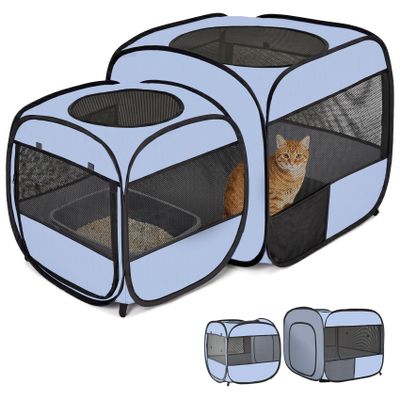 EighteenTek 2-in-1 Portable Cat Playpen, Detachable into 2 Separate Enclosures with 2 Extra Doors, Pop-Up Pet Playpen, Cat Tent, Foldable Puppy Pen for Indoor Use