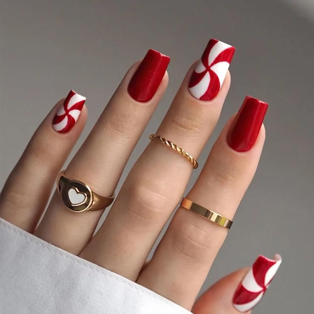 Ztcily Christmas Artificial Nails, Red and White, Long Square French Tips