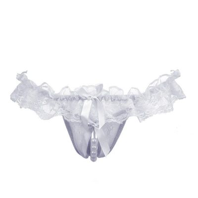 Women's Mini Dress Open-Crotch Thong Pearl Mesh Lace Lingerie (White, One Size)