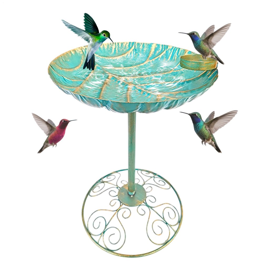 Iouyjiu Outdoor Bird Bath with Iron Pedestal, No-Kneeling Waterer, Planter and Statue