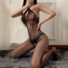 Women's Mesh Bodystocking Lingerie with Attached Stockings, Open Crotch, Black, One Size view 3