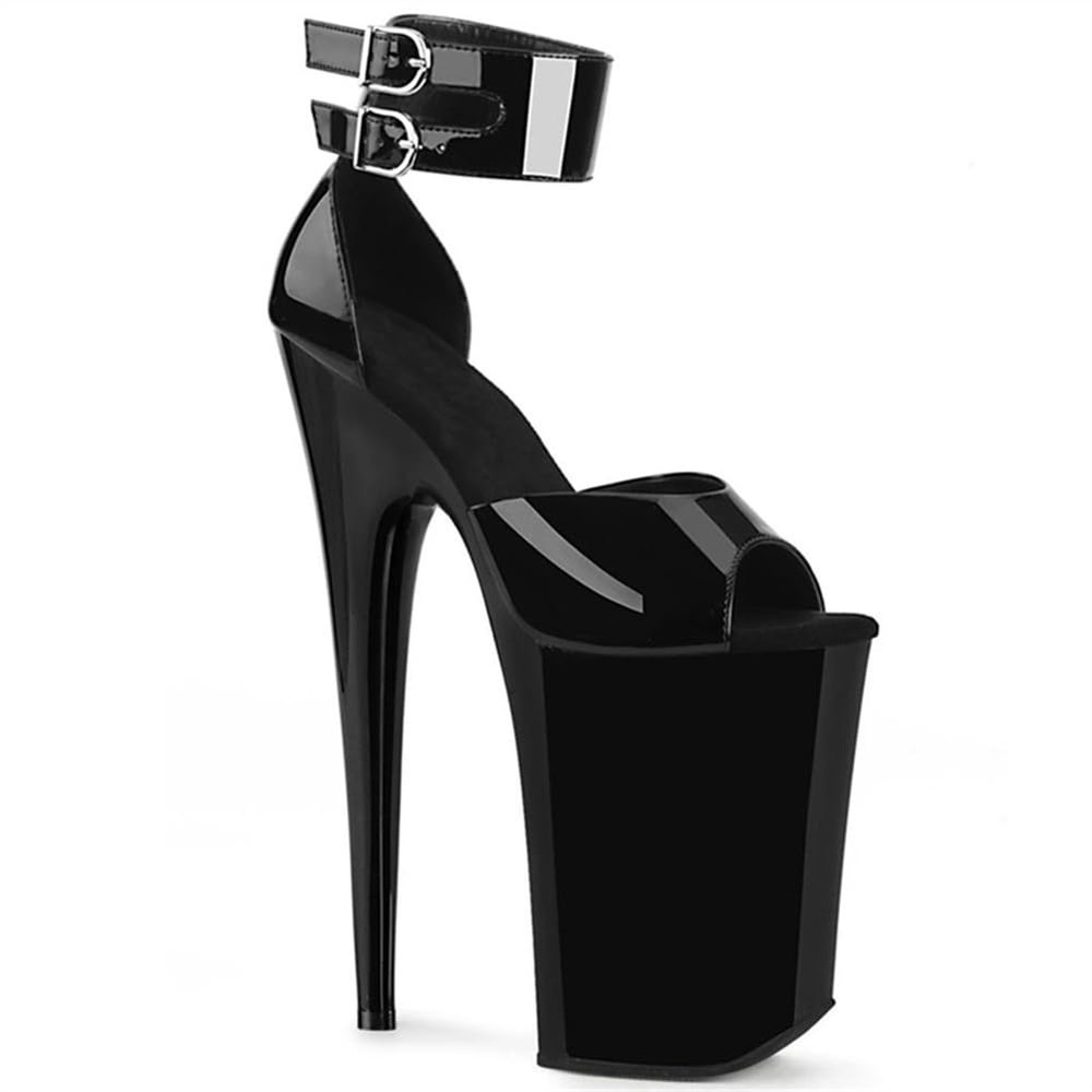 WOkismD 23 cm Women's Ankle-Strap Peep-Toe Platform Stiletto Sandals, Black, EU 37