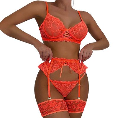 Generic Patent Leather Women's Lingerie Garter Set with Stockings or Foot Straps (Orange, XL)