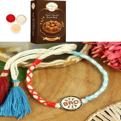 Ghasitaram Gifts Jaiccha Rakhi for Brother – Premium Thread-Weave Rakhi with 400 g Besan Barfi