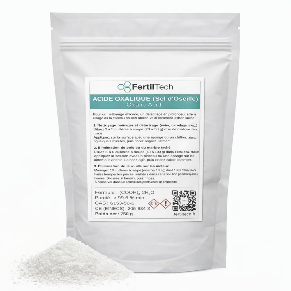FertilTech Oxalic Acid 750 g, 99.6% High-Purity Oxalate | Cleaner for Weathered Wood, Marble, Aluminum, Metals and Floors