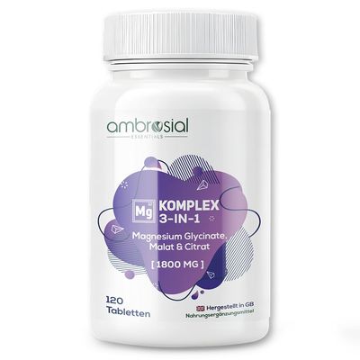 Magnesium 3-in-1 Complex – 1,800 mg with Magnesium Bisglycinate, Citrate & Malate – 384 mg Elemental Magnesium per Daily Serving – Contributes to Normal Muscle Function – 120 Tablets – Ambrosial