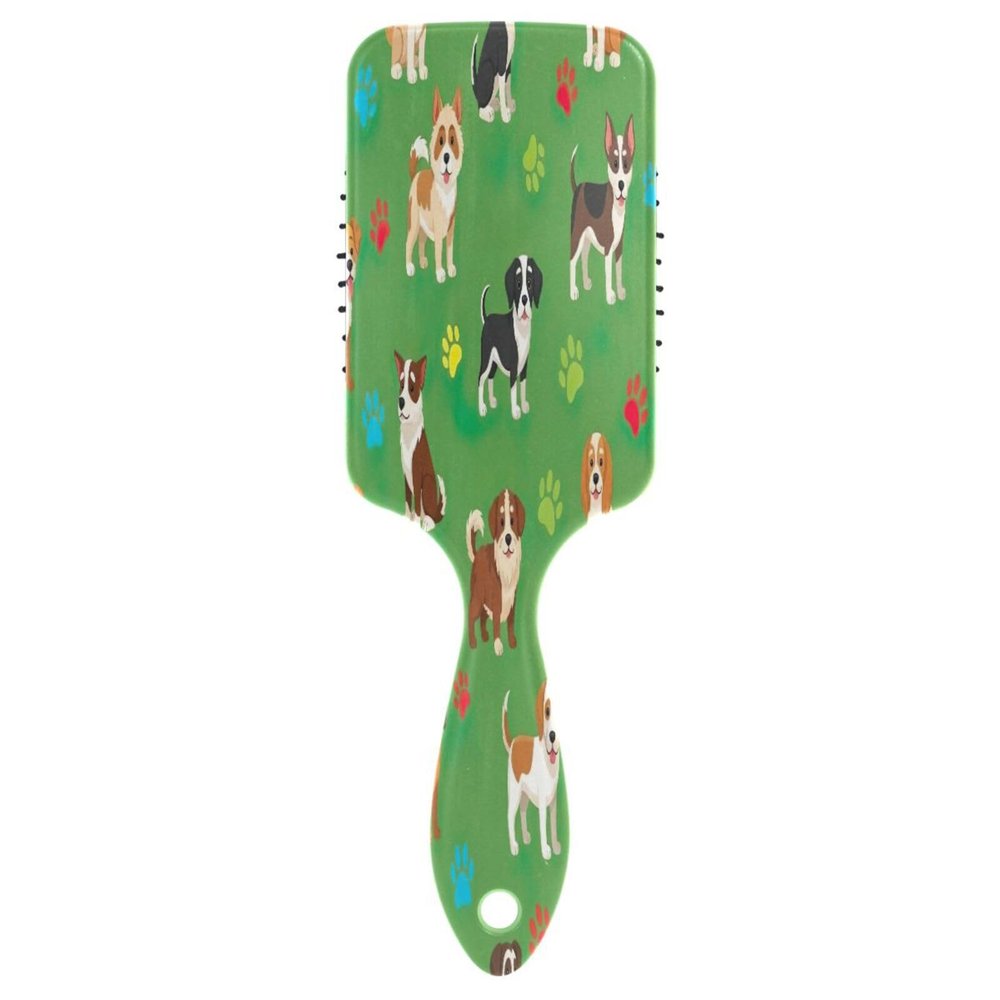 Green Cartoon Dogs & Colorful Paw Prints Detangling Massage Hair Brush