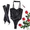 Generic Women's Latex Lingerie Set, Faux Leather Underwear, Mesh Dress Set (Black-1, S) view 3